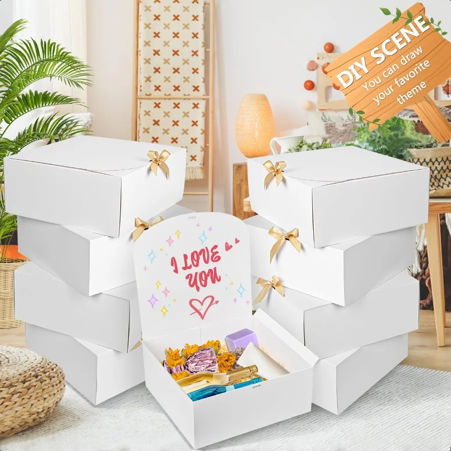8er-Pack große Geschenkboxen mit Deckel, 30,5 x 30,5 x 12,7 cm, Brautjungfern-Antragsbox mit Band, weiße Boxen für Geschenke, Papier-Geschenkbox für Pr