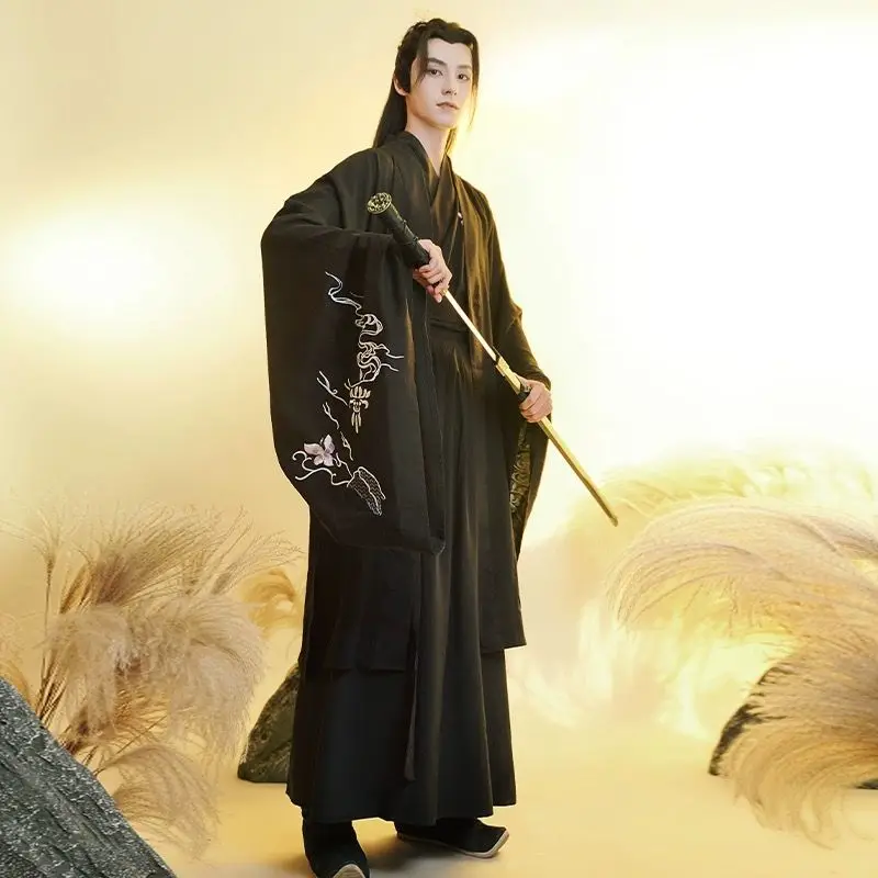 Ponadgabarytowy chiński kostium Hanfu Mężczyźni Starożytny Vintage Hanfu Halloween Kostium Cosplay Czarny 3-częściowy Zestaw Hanfu Dla Mężczyzn Plus Size 3XL