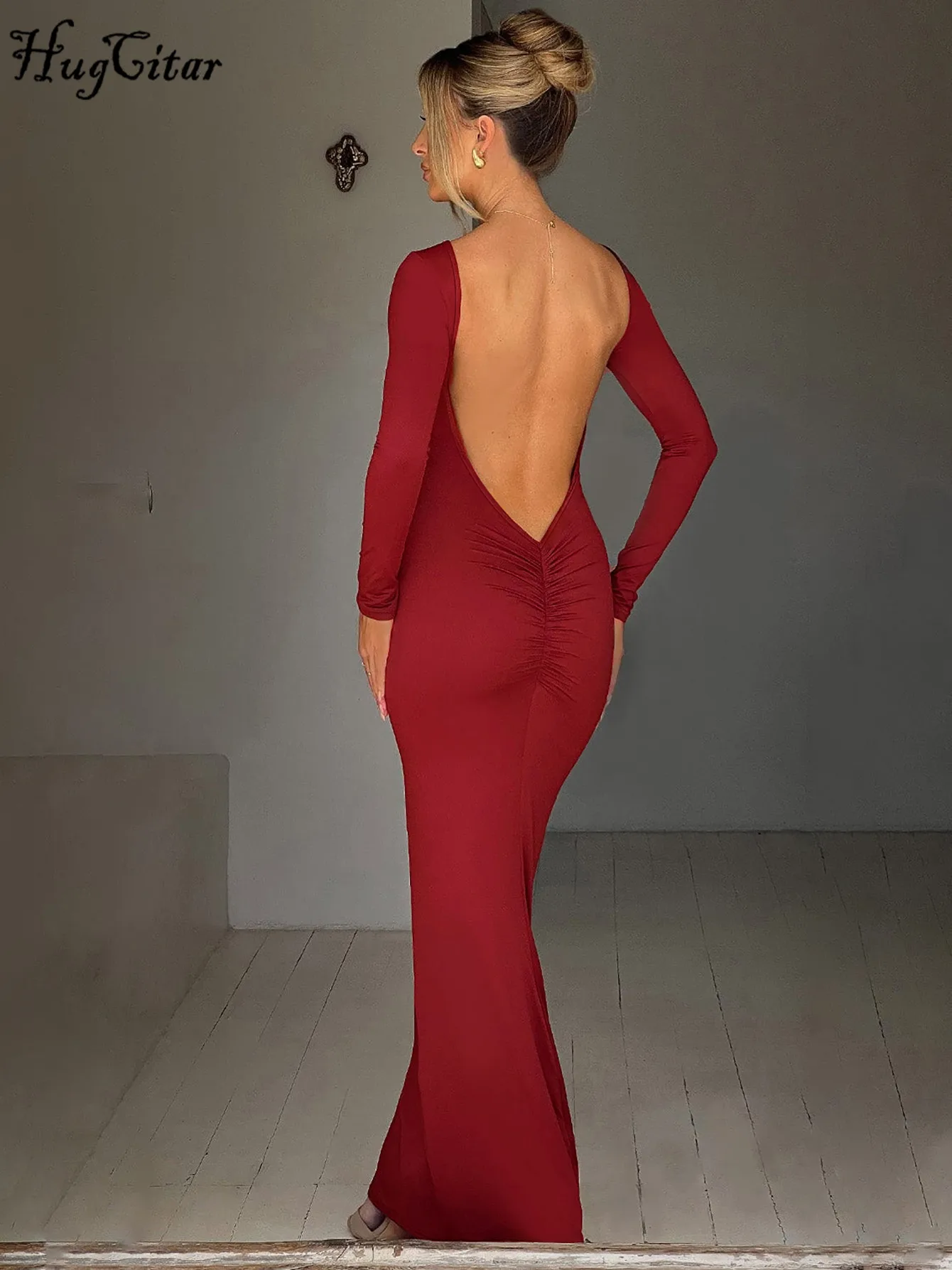 Hugcitar Lente Elegante Lange Mouw Backless Solid Cuched Sexy Bodycon Maxi Prom Jurk Vrouwen Outfit Avondfeest Festival Y2K