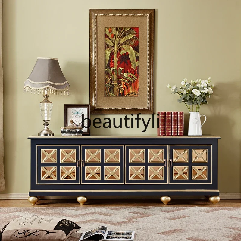 

European retro 1.8-meter TV cabinet, engraved American light luxury glass audio-visual cabinet can be customized2936