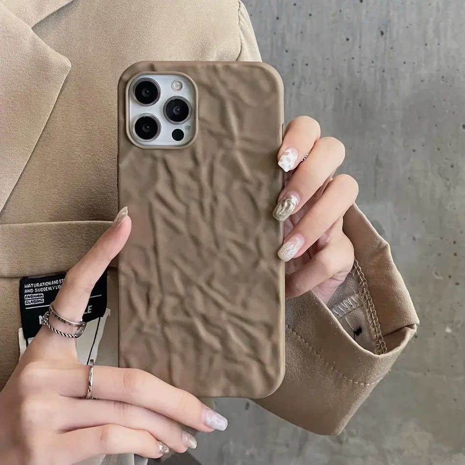 Fashion Matte Tin Foil Pleats Phone Case For iPhone 14 13 Mini 12 Pro Max 11 XR XS Max 7 Plus Luxury Silver Soft Silicone Cover