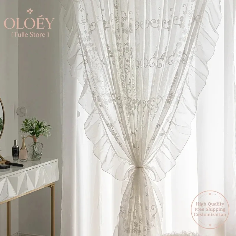 

Princess Veil Curtain for Girls Room White Linen Sheer Embroidered French Ruffled Lace Voile Bedroom Window Romantic Ready Drape