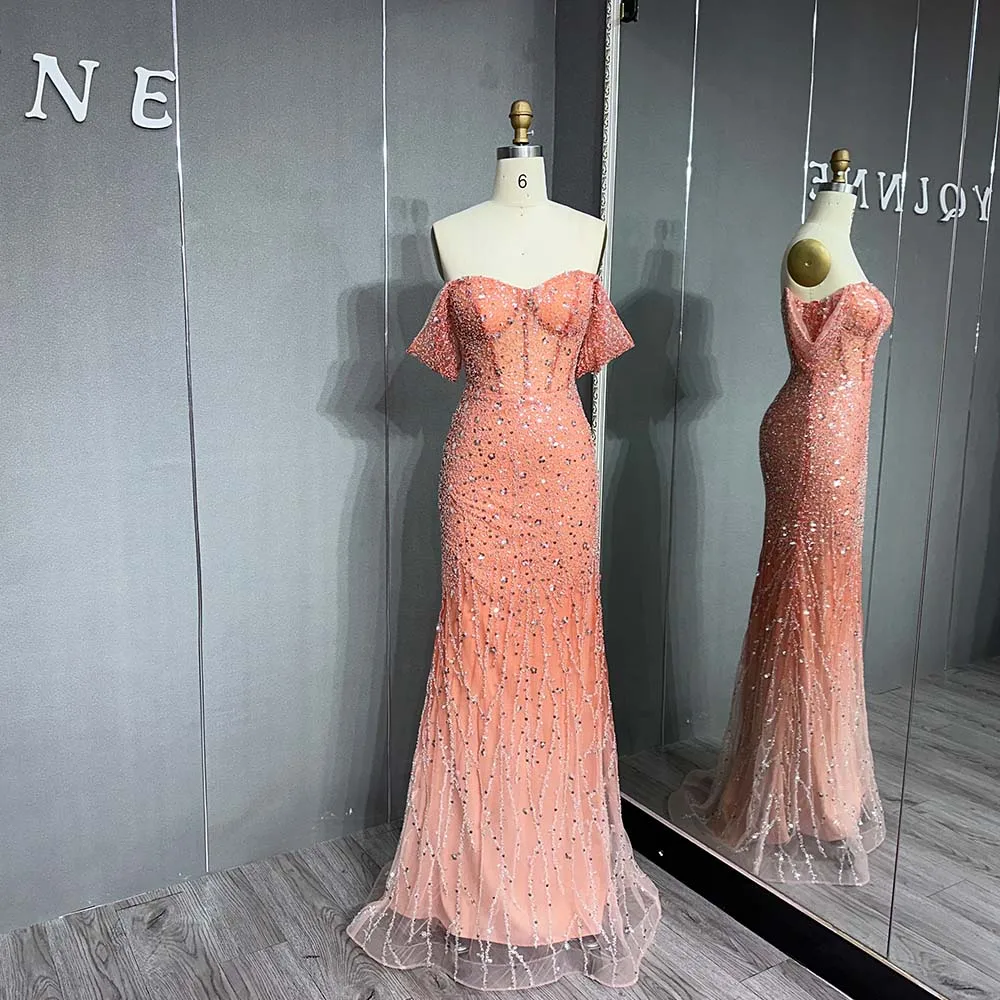 2023 Sparkly Peach Off Shoulder Long Prom Dresses Mermaid Beading Sequins Slim Fit Formal Dubai Party Gown Elegant