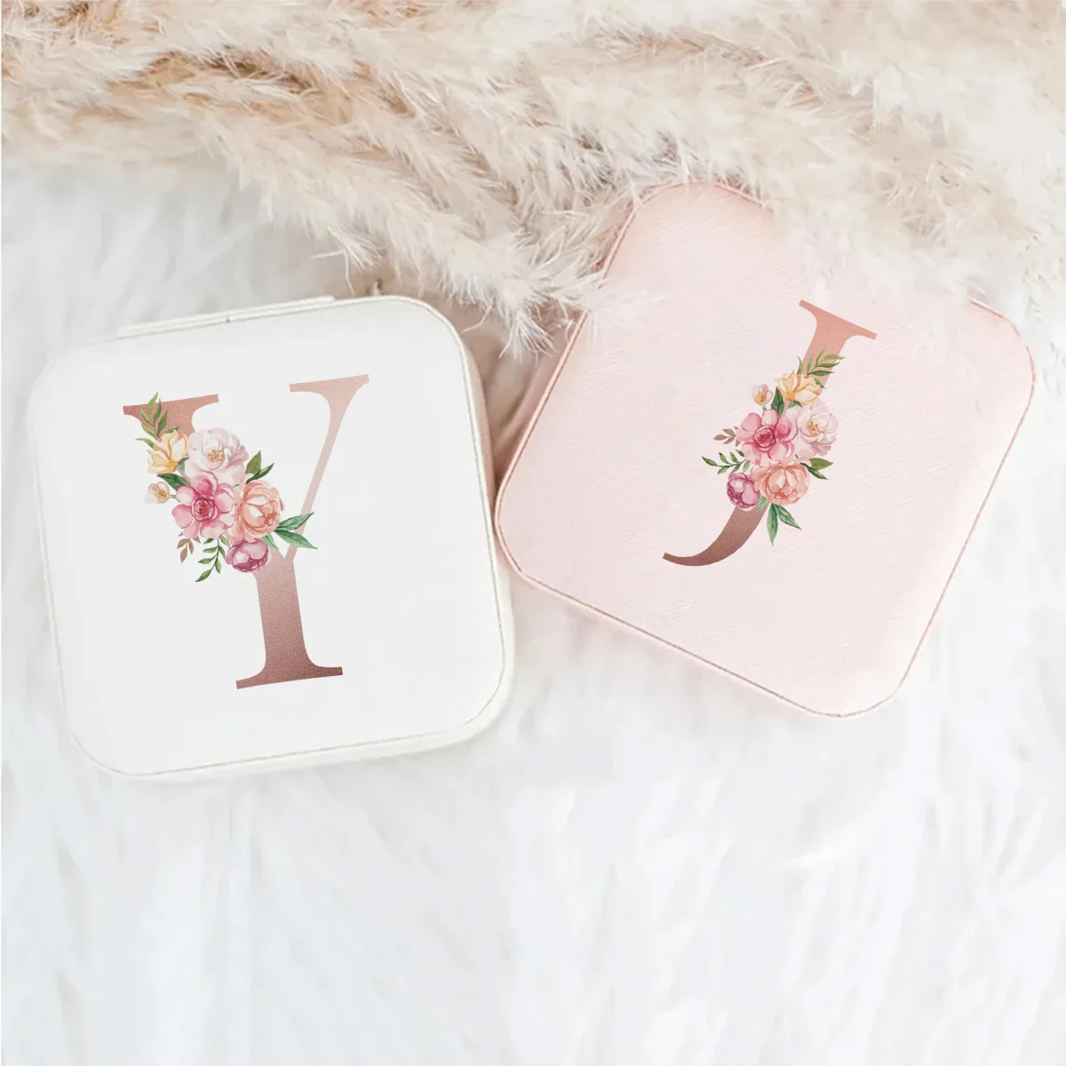 Personalized Floral Initial Jewelry Box Mini Portable Travel Jewelry Organizer Zipper Storage Case for Rings Earrings Necklace
