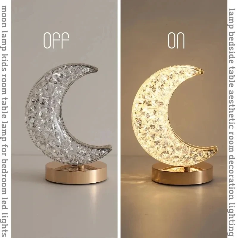 

Bedroom Crystal Touch Dimming Night Light Girls Room Home Decor Aesthetics USB Bedside LED Ambient Table 3d Moon Lamp