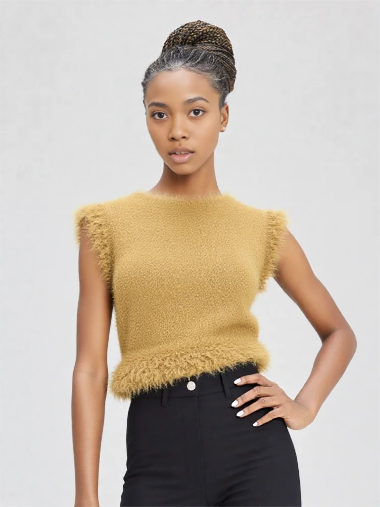Fashion Tassels Faux Fur Tops For Women Round Neck Sleeveless Brand Short Vest Female 2025 Winter Autumn New In Chic Tank Top