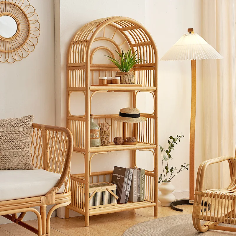 Handmade rattan shelf Sun bookshelf Natural Indonesian rattan ins Simple storage rack Japanese rattan cabinet