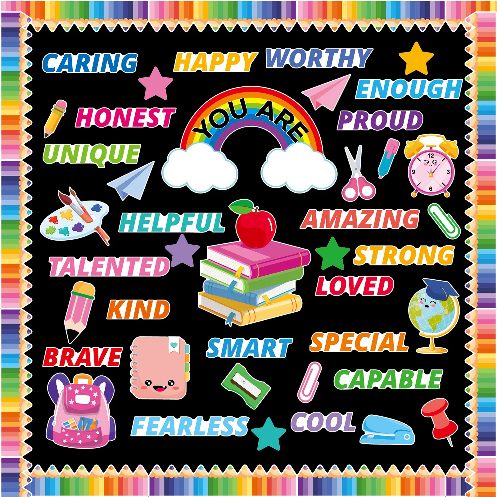 مجموعة لوحة إعلانات لموسم افتتاح المدرسة وملصقات حائط مزخرفة وقواطع ملهمة ملونة 53/88 قطعة