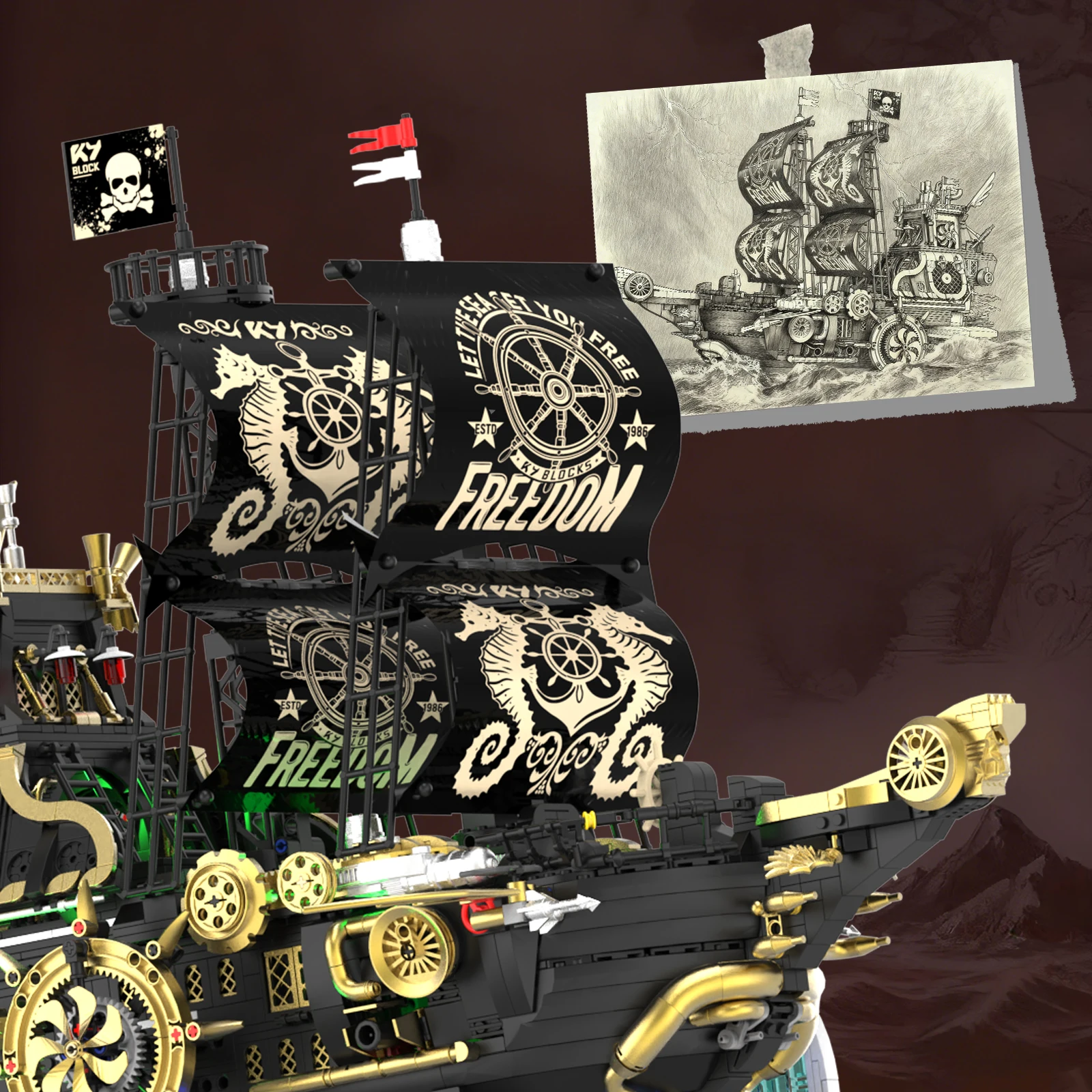 Steampunk Pirate Ship with Lights - Creative Home Decor, Building Blocks Model Toy, Educational Toy, Birthday Gift for Boys