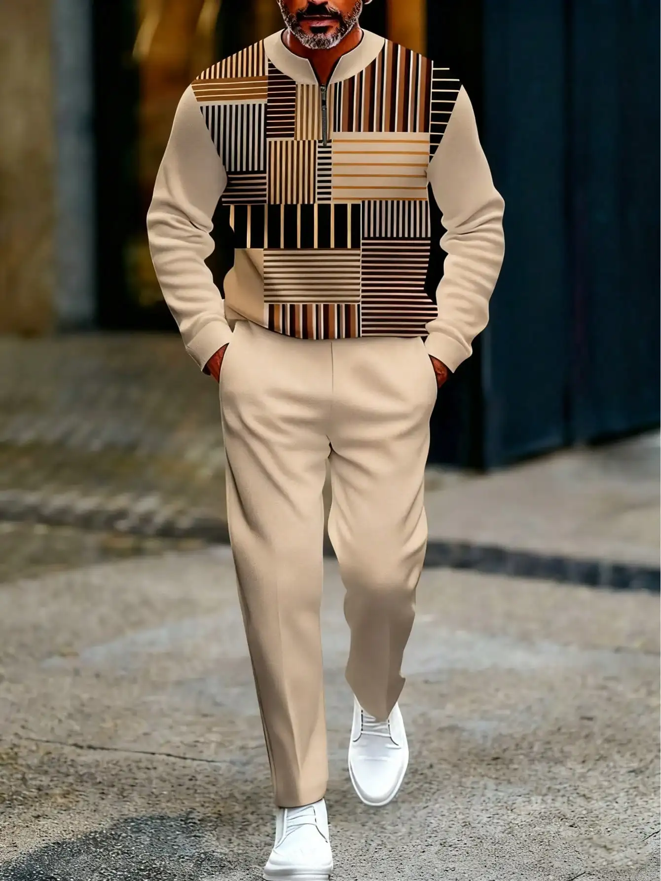 

Men's Geometric Print Zip-Up Polo & Matching Trousers Set, Casual Comfort Fit