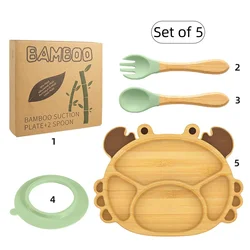 Baby crab elephant dinosaur bamboo dinner tray Suction bowl Children's home meal dividing bamboo Dribbling spork and spoon