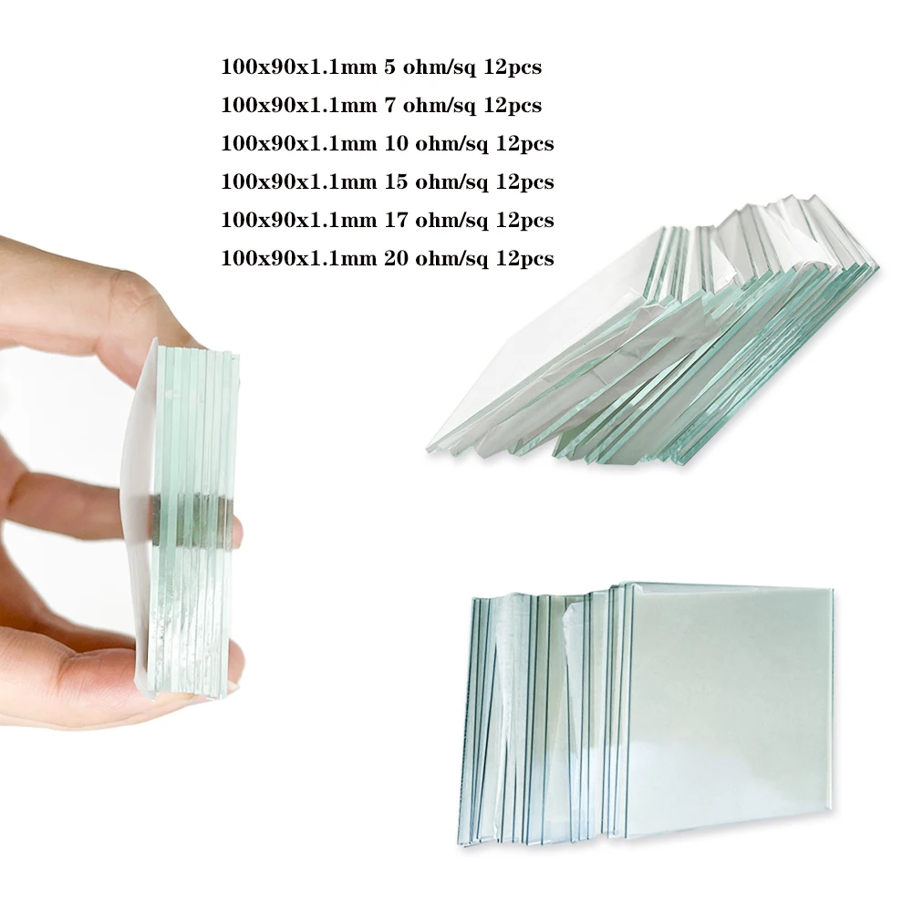 100x90x1.1mm 5-20 ohm/sq 12pcs Lab Transparent Conductive Glass Fluorine Doped Tin Oxide (ITO) Coated Glass