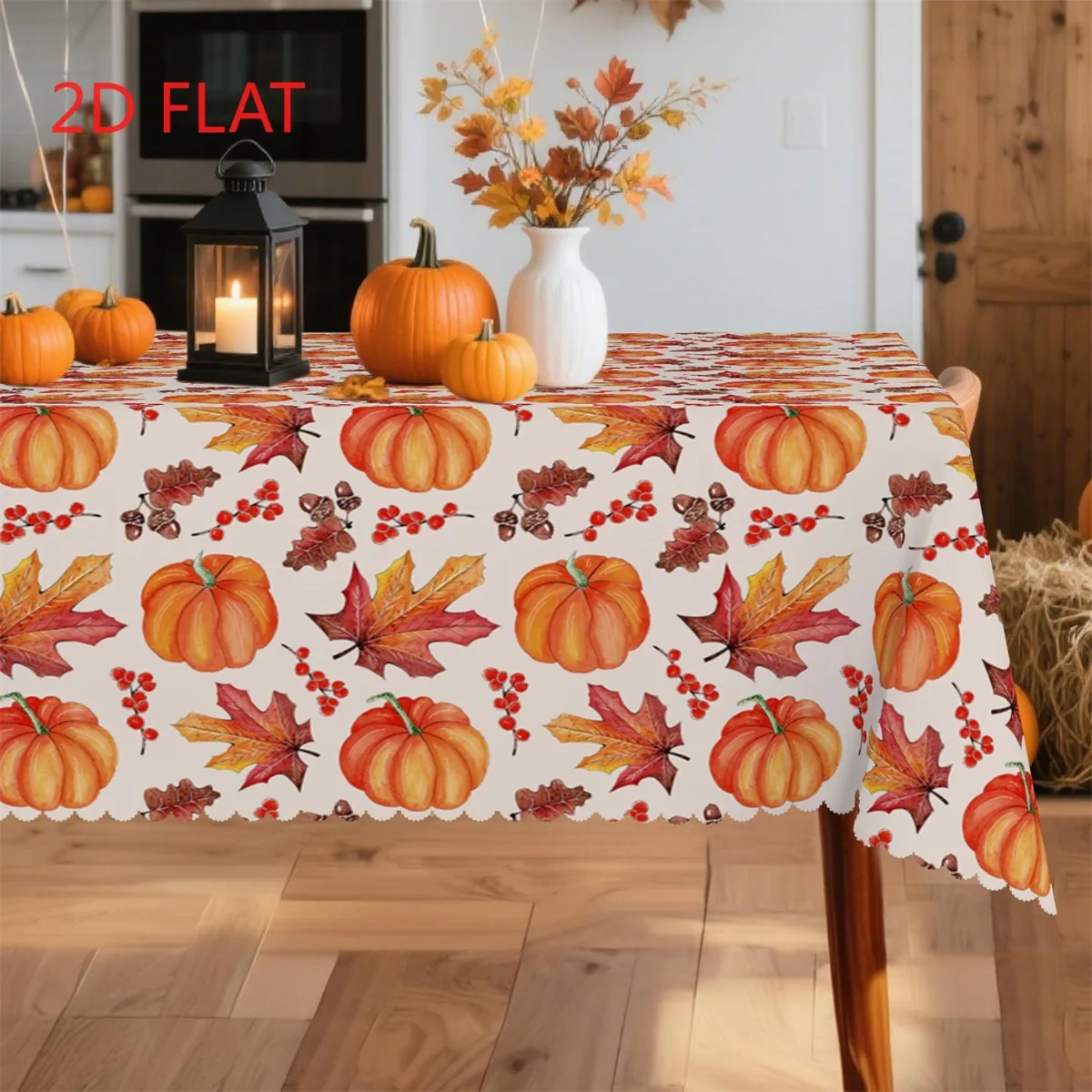 Tablecloth 1 piece 2d flat with patterns of orange pumpkin, red maple leaf, and walnut red berries printed all over.zyc