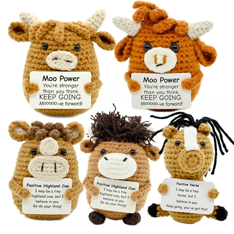 

AnimalSeries Positive Energy Cow Horse Crochet Doll Handmade Knitted Decor Ornament with Encouragement Card Mini Desk Decor Gift