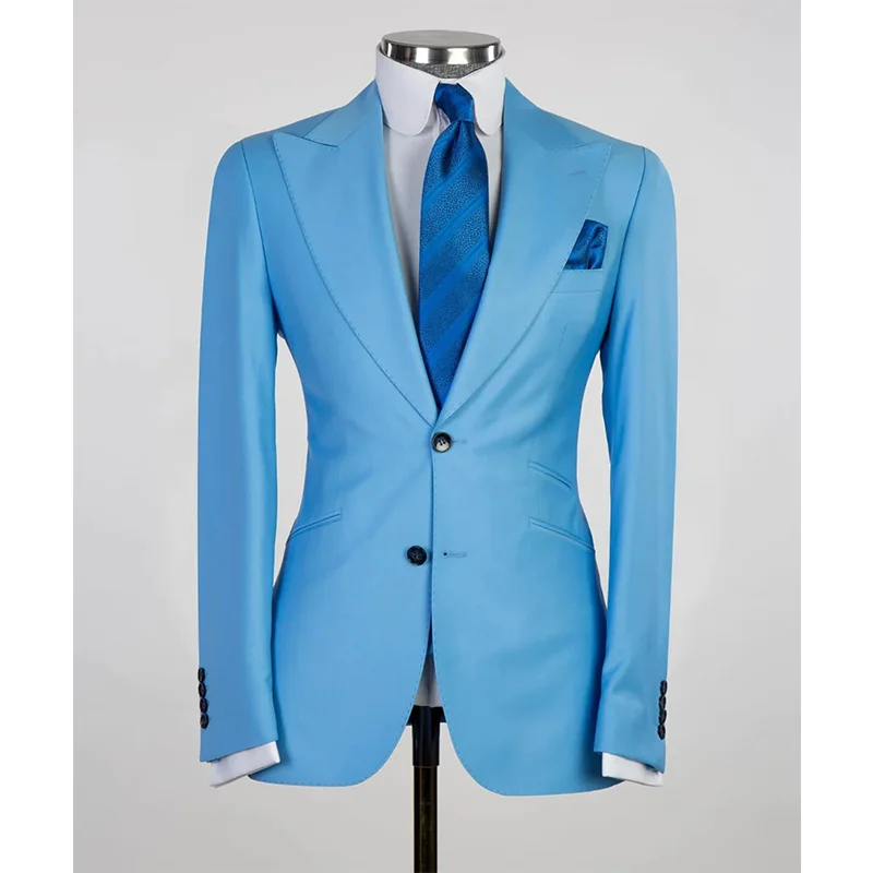 สีฟ้าอย่างเป็นทางการ Mens Tuxedos Peakes Lapel เจ้าบ่าว Party Prom เสื้อธุรกิจสวมชุดหนึ่งชิ้น