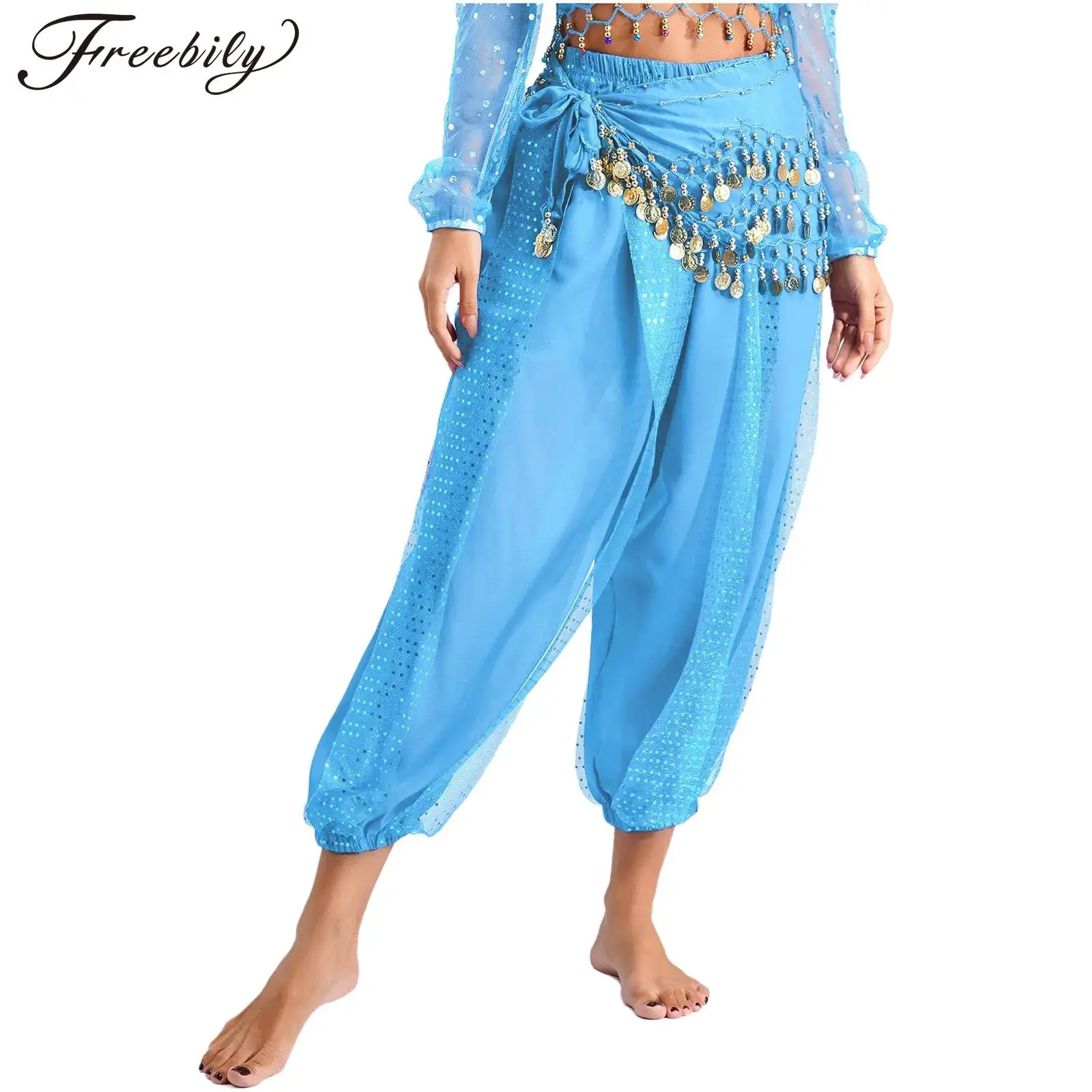 Women's Belly Dance Harem Pants Elastic Waistband Sequined Layer Trouser and Lace-up Hip Scarf Arabic Performance Loose Pants