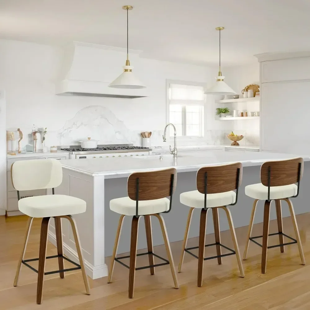 Ensemble de 4 tabourets de bar en similicuir avec dossier et pieds en bois plié, chaise de bar moderne du milieu du siècle, tabouret d'île, 26 po