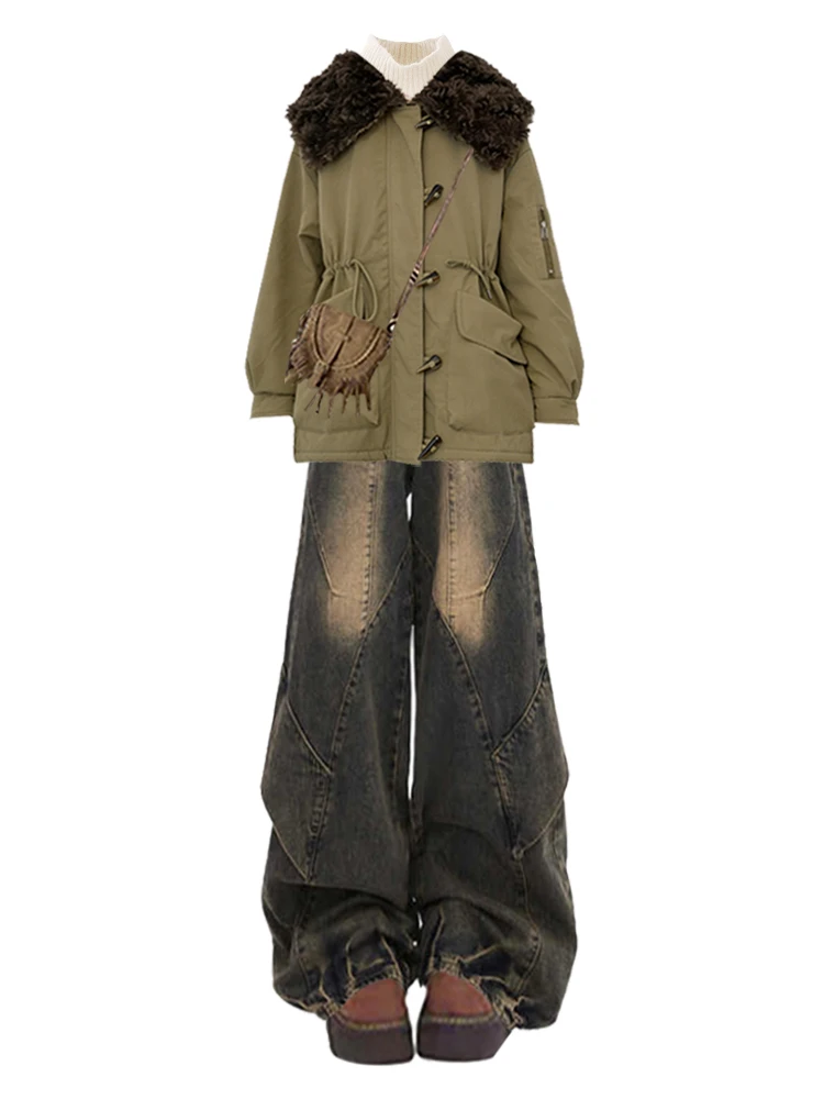 plus Size Women's Retro Sle Cotton Jaet Coat Wide Leg Jeans High Waist Fur Collar Waist Cinched Winter American Loose Set