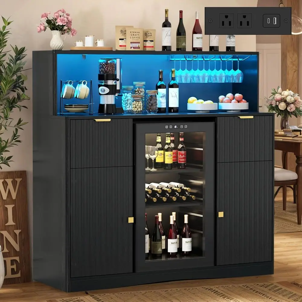 

Coee Bar Cabinet with ridge Space, Black Liquor Cabinet with Power Outlet & Led Light, luted Wine Cabinet with 2 Tier Countertop