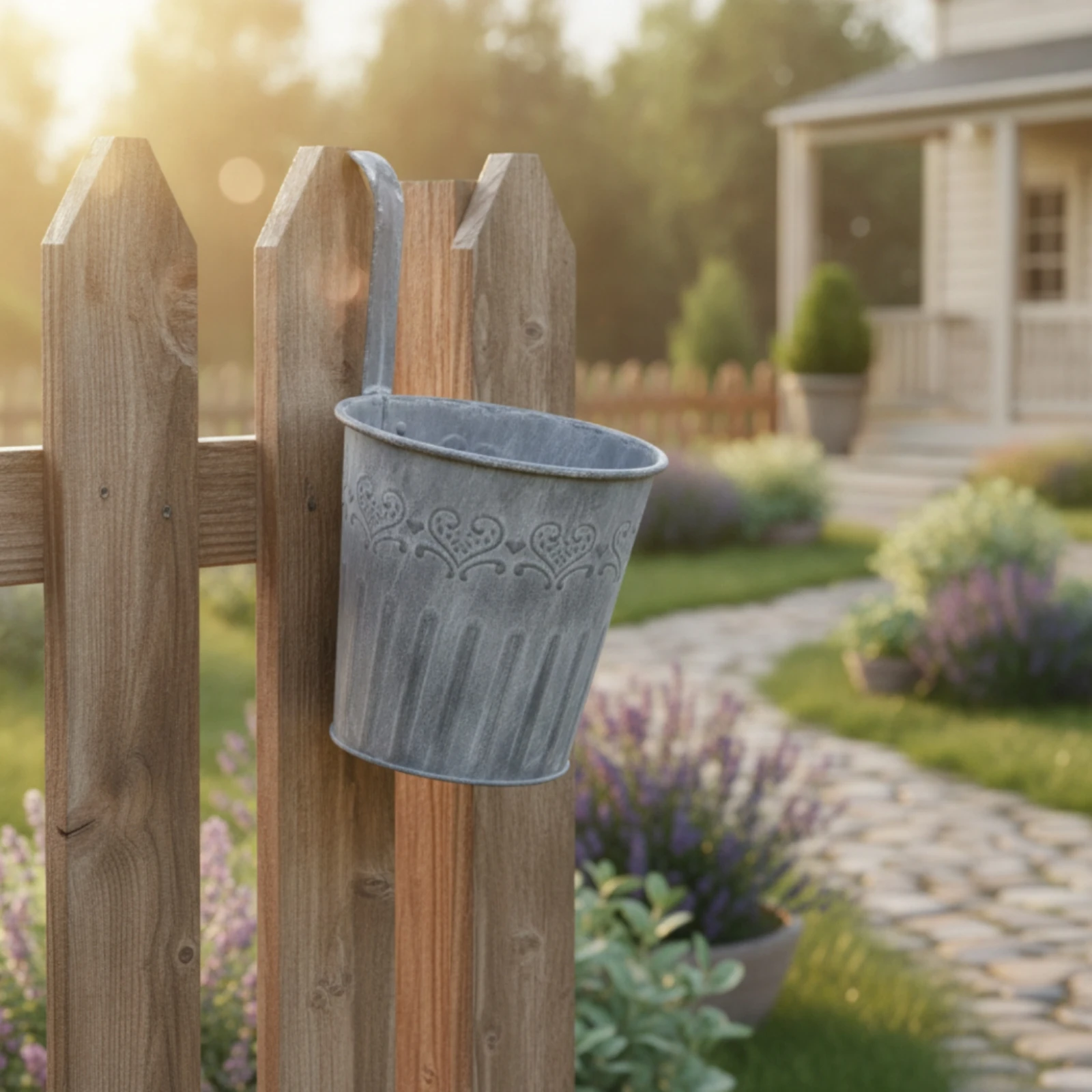Hanging Flower Pot Vintage Hanging Planter Plant Pot with Hook Distressed Embossed for Home Decorators, Wall Display, Fence