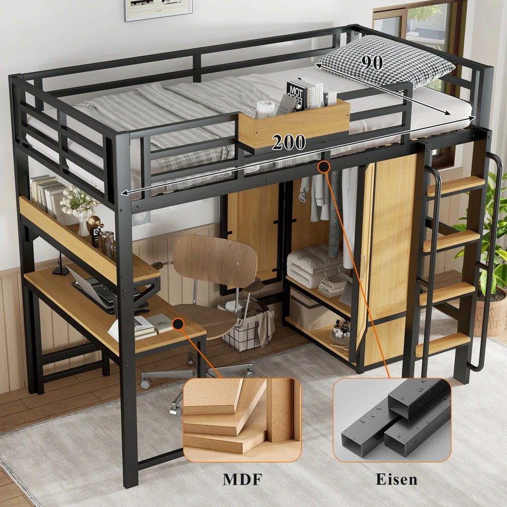 PINGGO Schwarz & Naturfarbenes Eisen-Etagenbett 90x200cm mit Kleiderschrank, Treppe, Schreibtisch, Staufächern, Metall, MDF, ohne Matratze – Detail 7