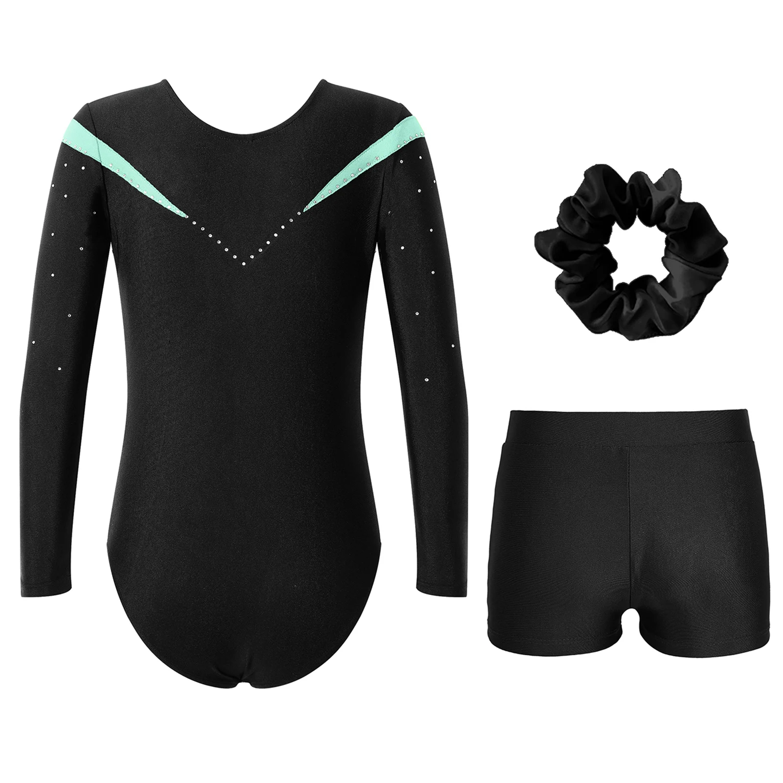 Girls Long Sleeve Ballet Leotard Gymnastics Leotard with V Neckline Shiny Rhinestone Waistband Shorts Hair Band for Dance Outfit