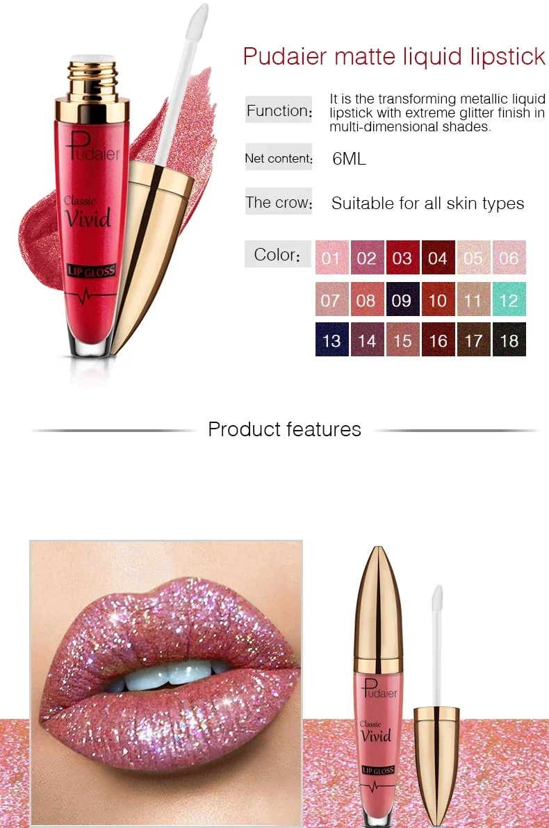 15 Color Glitter Liquid Lipsticks Shimmer Shiny Lipgloss Pearlescent Lip Tint Waterproof Long Lasting Matte Diamond Lips Glaze