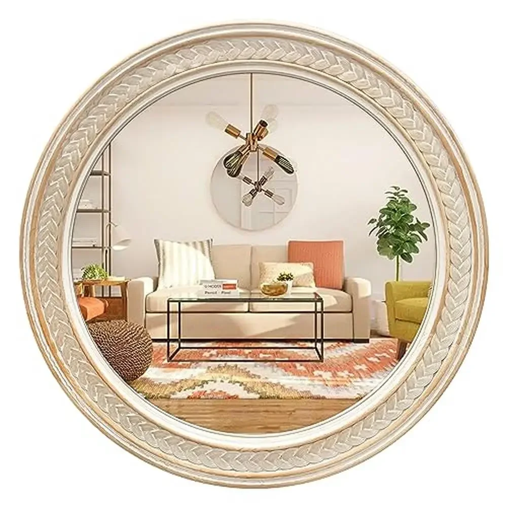 

Round Boho Wood Frame Bathroom Mirror Wall Decor Hanging 26 Inch Rustic Coastal Vintage Home Decor Gift Mirror Wall Art High