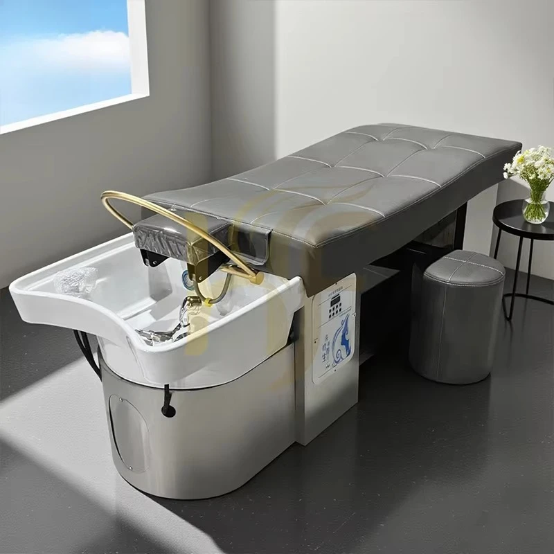 Durable Salon Shampoo Bed Thai Stainless Steel Base Hair Washing Bed with Ceramic Shampoo Basin