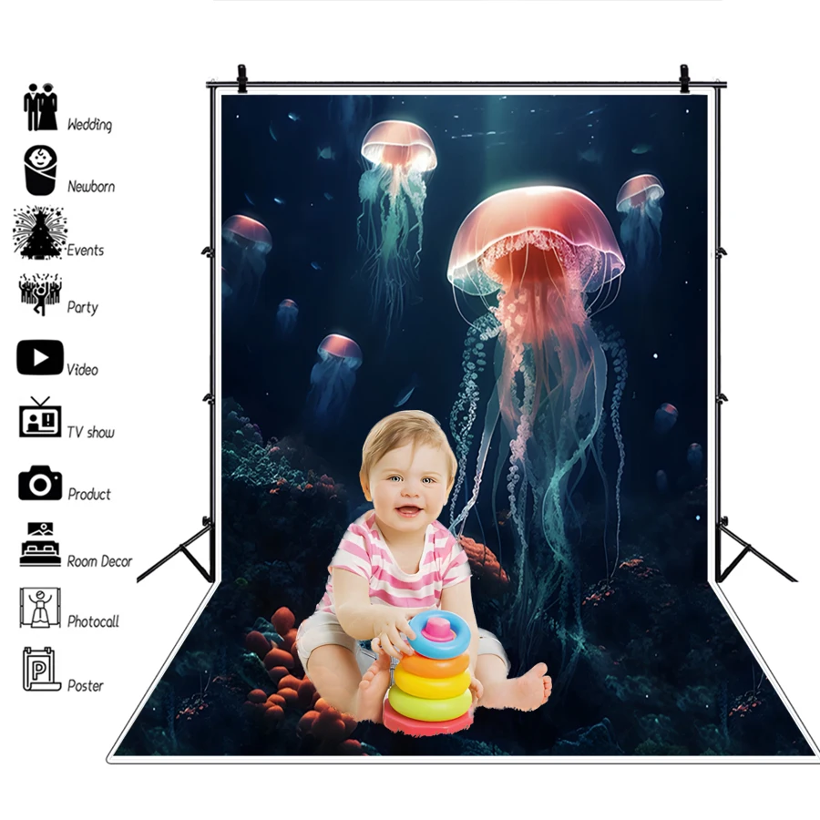 Glowing jellyfish Undersea Mushroom House Backdrop Treasure Hunt Atlantis Theme Newborn Baby Birthday Portrait Background Photo