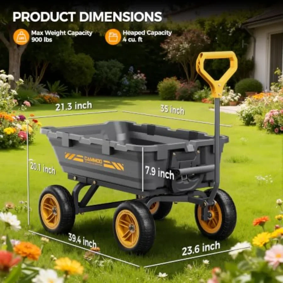 Garden dump cart wheelbarrow wagon: 10-in NO-Flat tires, polyurethane material, black, 900lb capacity, puncture-resistant