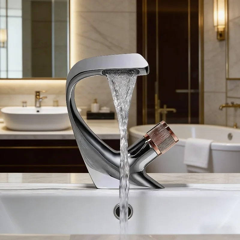 

Full Copper Bathroom Vanity Faucet Waterfall Outlet Countertop Wash Basin Tap Hot Cold Water