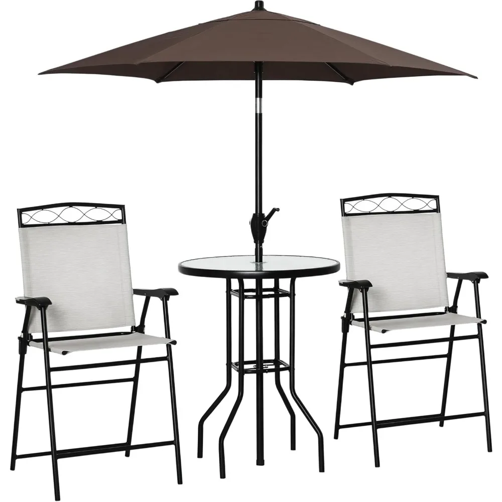 

4-Piece Outdoor Patio Dining Set - 2 Folding Chairs & Adjustable Umbrella with Wave-Textured Tempered Glass Table for Garden/Poo