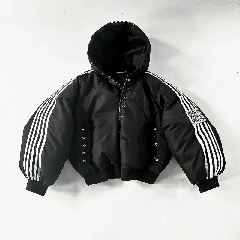 Y2K New Street fashion personality men winter jacket Hip hop trend Harajuku striped loose zipper coat Warm cotton padded jacket