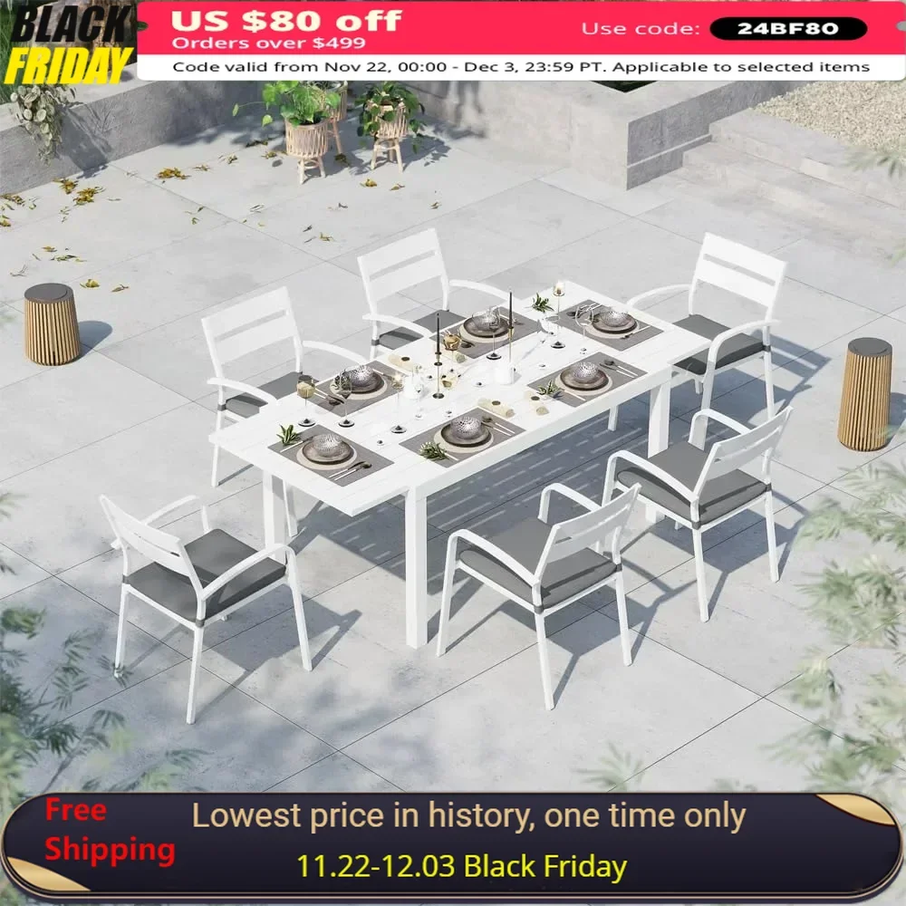 

7-Piece Outdoor Patio Dining Set, Aluminum Expandable Outdoor Dining Table, 6 Stackable Chairs ,Garden Furniture Sets