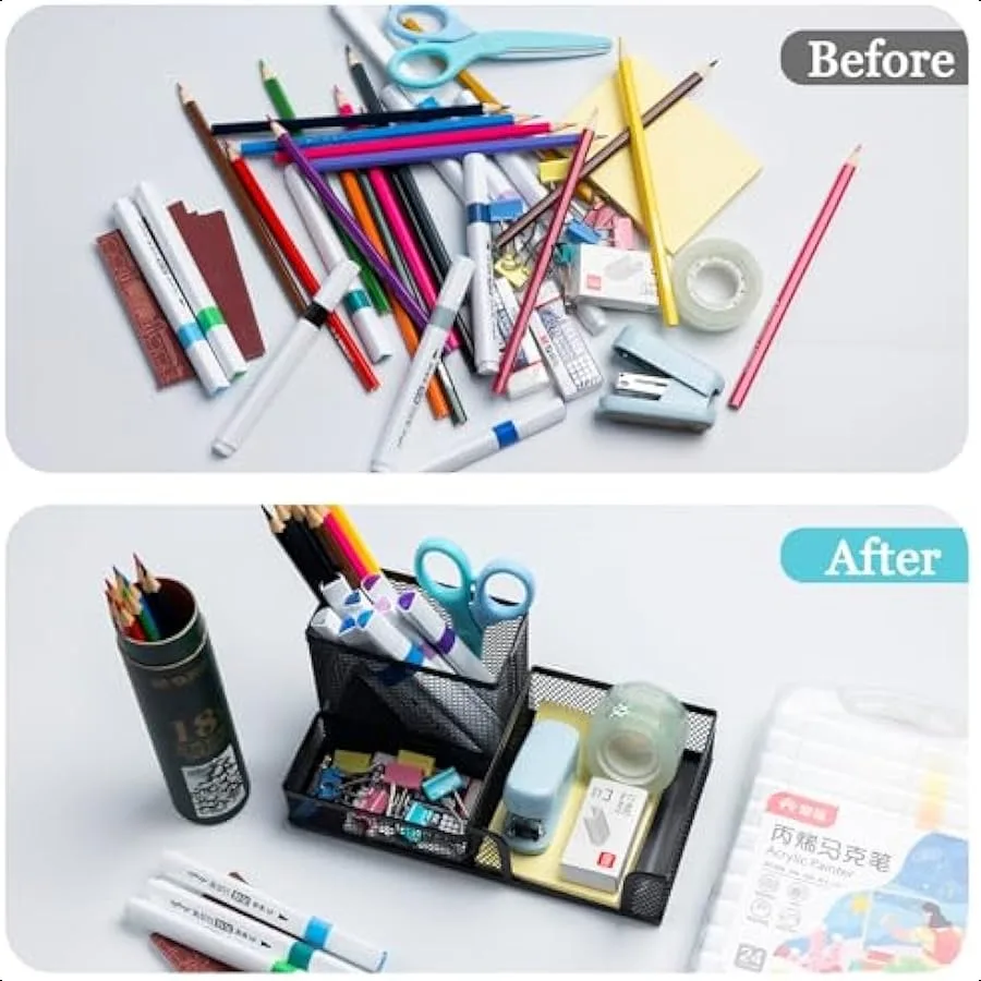 حامل أقلام شبكي أسود منظم سطح المكتب حامل أقلام رصاص للمكتب 3 مقصورات منظم مستلزمات المكتب المعدنية مع ملاحظات لاصقة