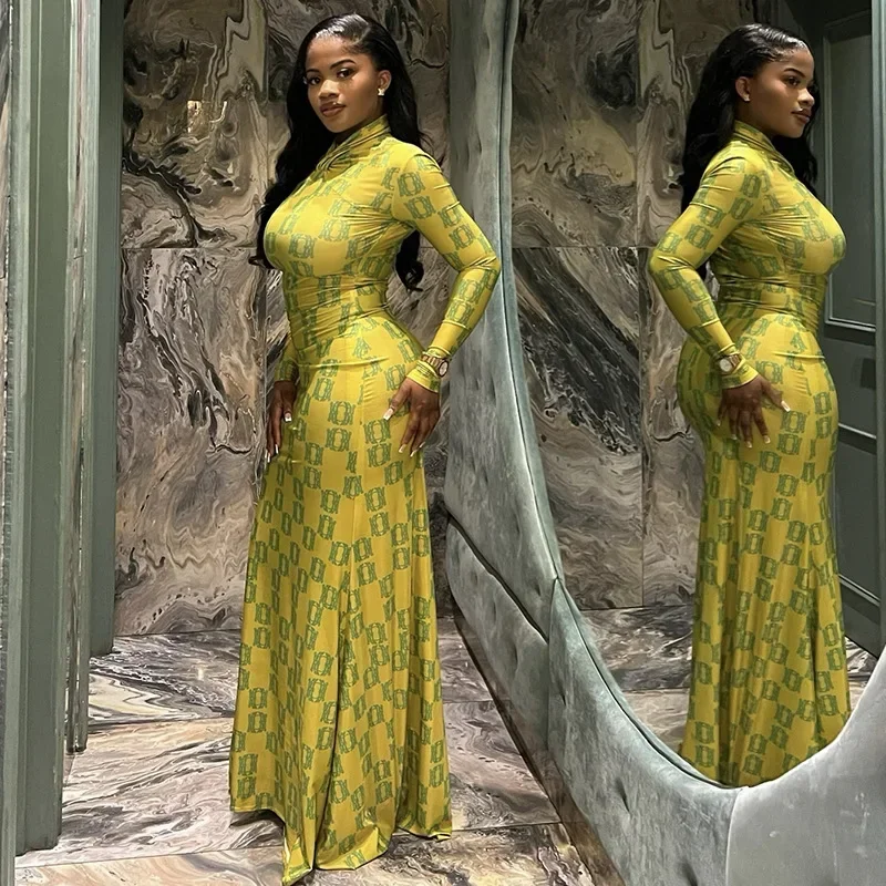 Women's clothing 2025 spring and summer new fashion long-sleeved slim-fitting printed hip-pack dress club clothing Vestidos