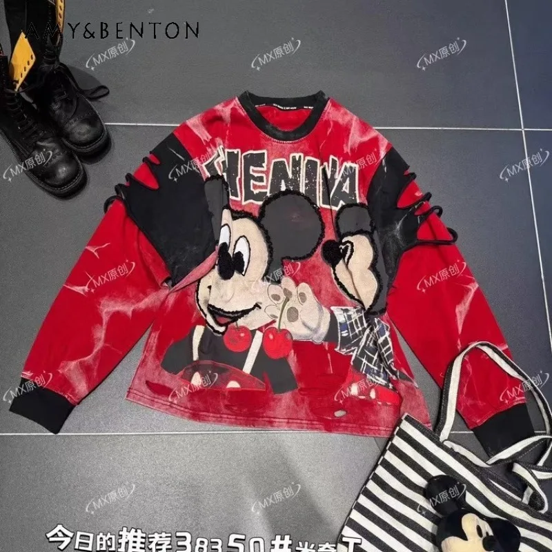 

2025 Autumn New Average Size Loose Cartoon Long Sleeves T-shirt Pullover Heavy Industry Women's Y2k Crew Neck Kawaii Tshirts