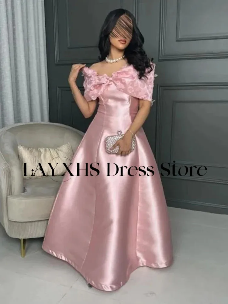 Eleganckie sukienki wieczorowe LAYXHS z odkrytymi ramionami, różowa kokarda, linia A, kwiaty, sukienki na studniówkę dla kobiet, szyte na miarę فساتين سهرة