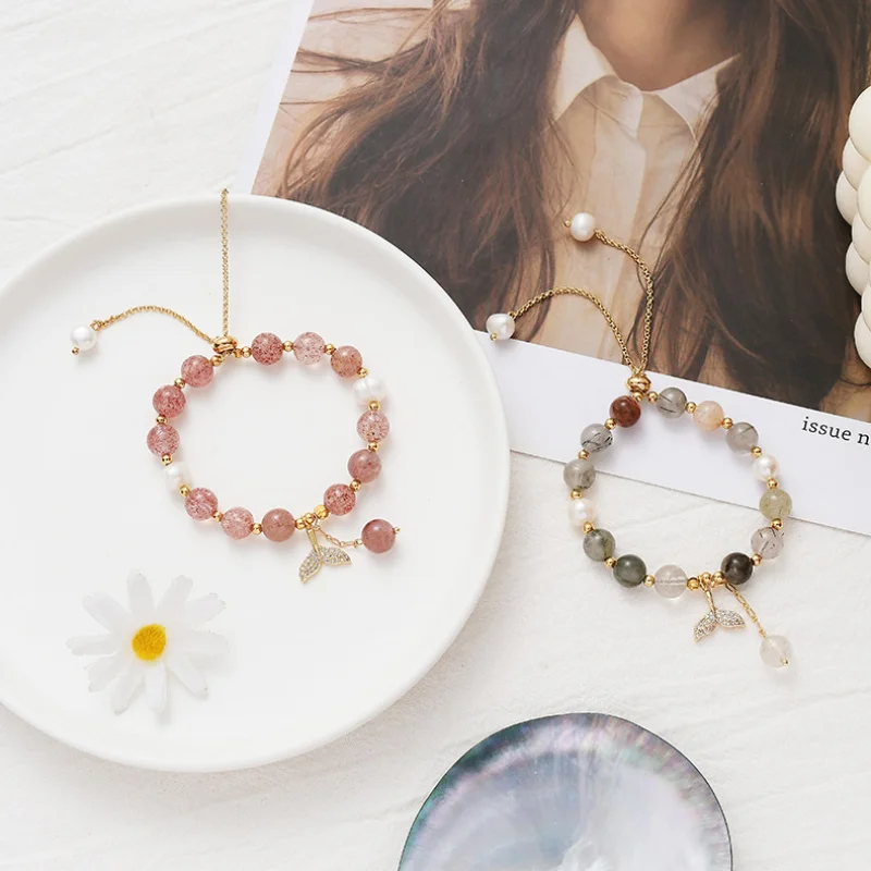 Korean Style Natural Stone Strawberry Quartz Freshwater Pearl Mixed Chain Bracelet Mermaid's Tail Pull Adjustment Bangl