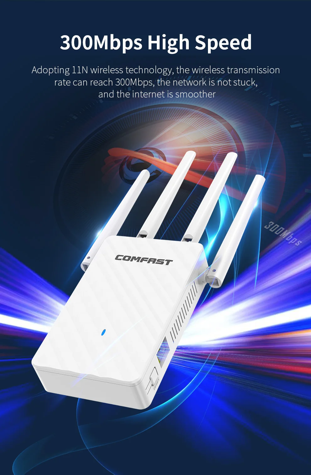 300Mbps WiFi Repeater 2.4GHz Wireless Extender Amplifier 4 Antenna 802.11N WiFi Long Range Booster Router Access Point Coverage