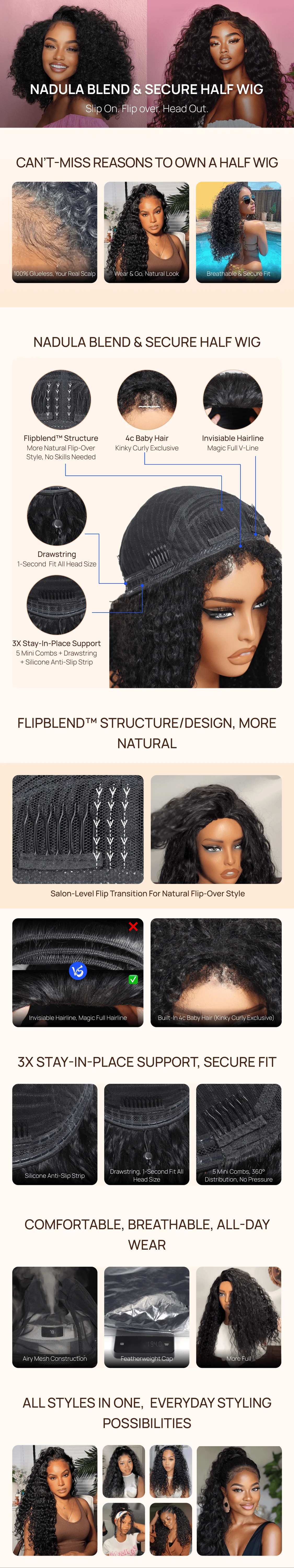Afro Curly Blend & Secure DrawstringHalf Wig 4C Kinky Curly Human Hair 3/4 Half Wig Beginner Friendly Headband Curly Wig
