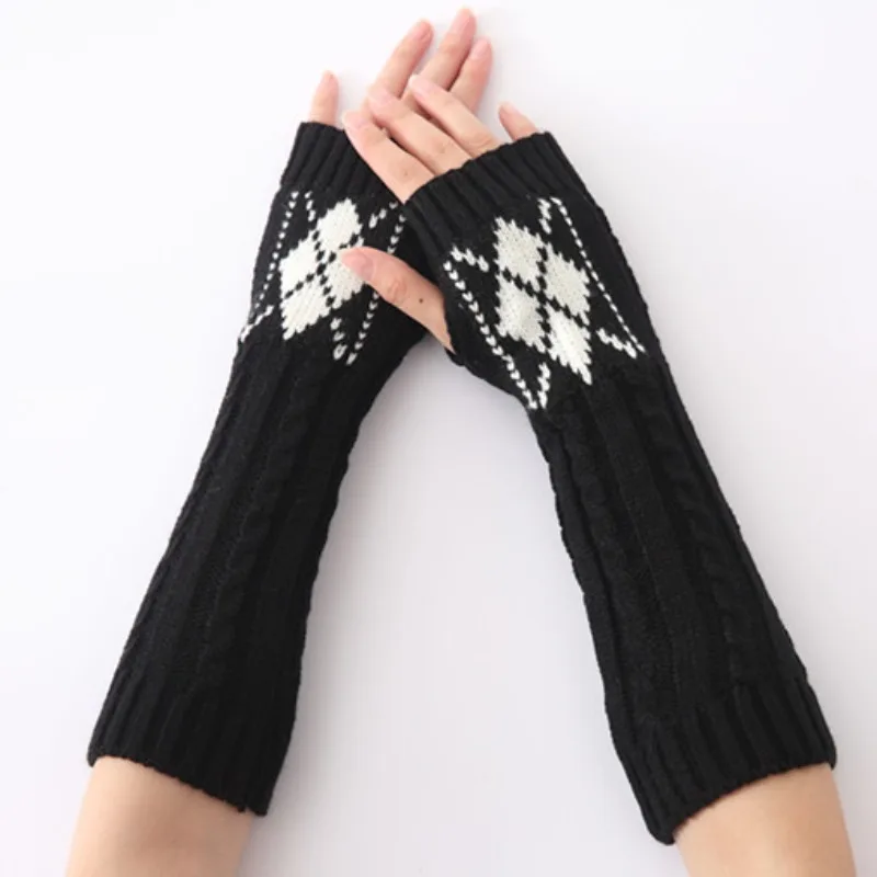 Women Autumn Winter New Twisted Jacquard Diamond Knit Yarn Half Finger Exposed Skiing Warm Gloves Soft Elastic protective gloves