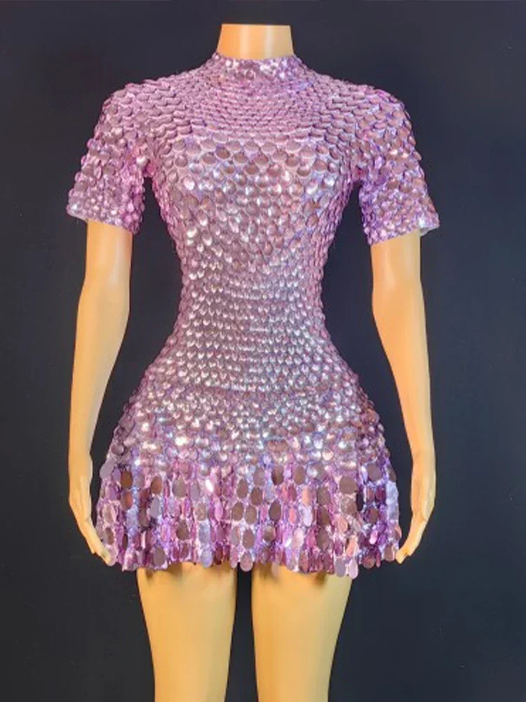 Sexy Nightclub Leotard Shining Lovely Sequins Mini Dress Costume Celebrate Rhinestone Bodysuit Birthday Silver Dresses