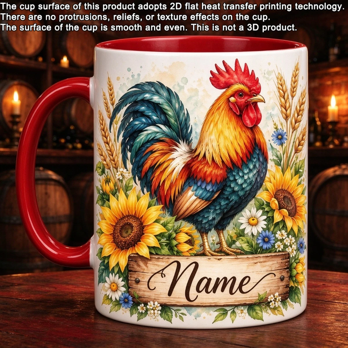 2D flat printing 1pc 11oz personalized custom rooster sunflower mug, for birthday Mother's Day, home office use, hand wash only