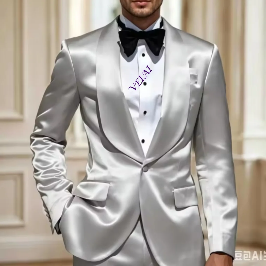CustomizedElegant Men's 2-Piece Suit Set Satin Shawl Lapel Jacket and Trousers Slim Fit Set Tailored for Wedding Prom