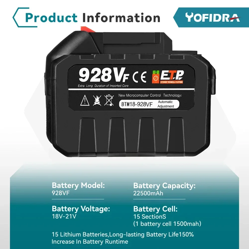 YOFIDRA بطارية قابلة للشحن 22500mah 15000mah بطارية ليثيوم أيون 388VF 928VF بطارية ليثيوم أيون لماكيتا أدوات كهربائية