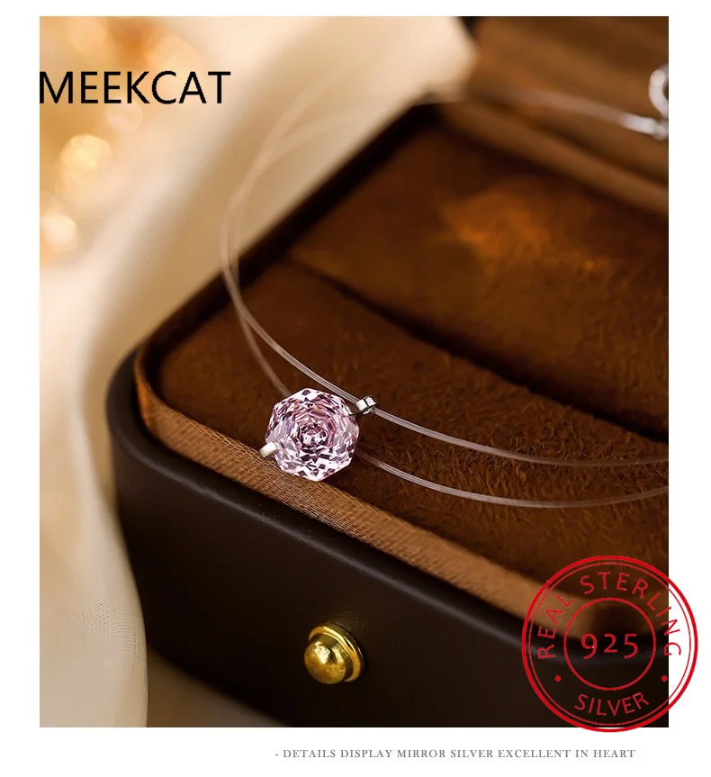 Real Moissanite Diamond Pink Octagonal Rose Cut Pendant Necklace 925 Sterling Silver Transparent Fishing Line Fine Jewelry Colar