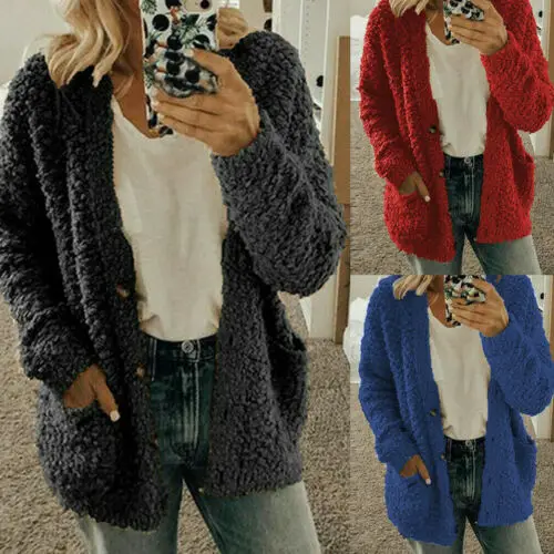 Womens Casual Coat Soft Woolen Fleece Jumper Fluffy Lady Girl Cardiga