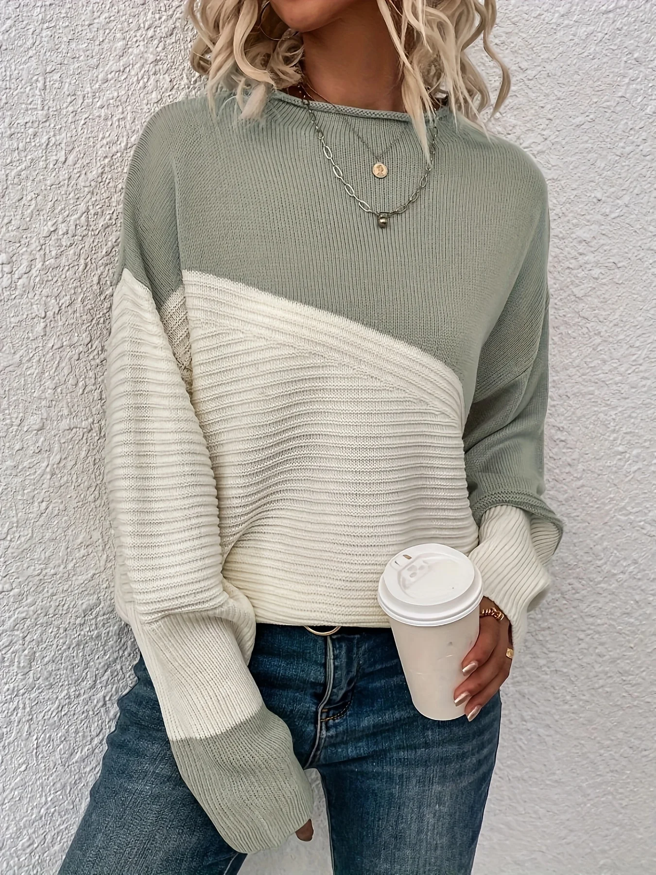 Color Block Crew Neck Sweater, Drop Shoulder Elegant Long Sleeve Sweater for Fall & Winter, Women's Clothing